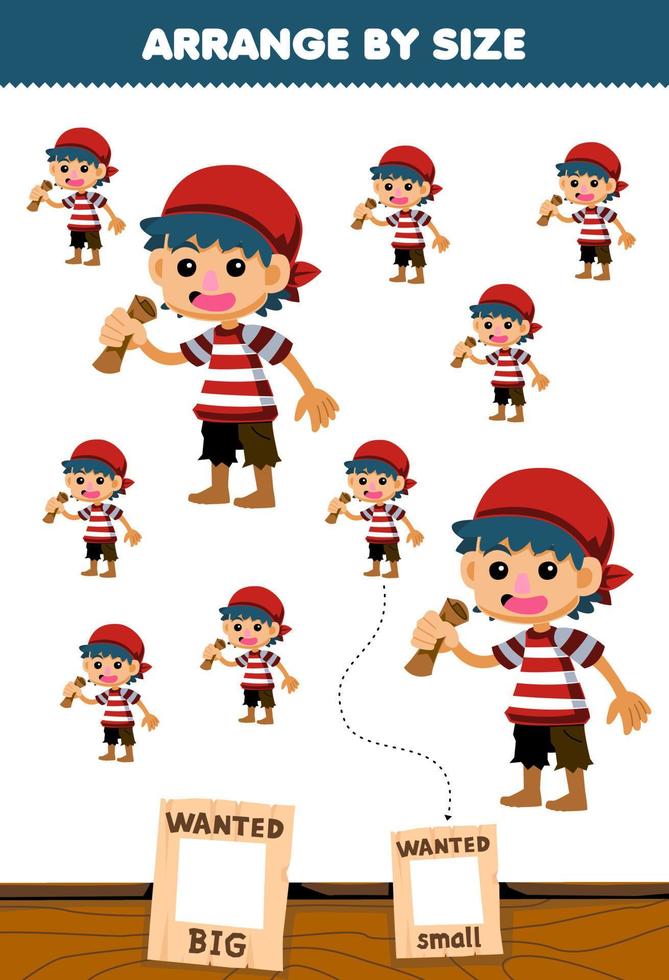 Education game for children arrange by size big or small picture of cute cartoon boy with bandana printable pirate worksheet vector