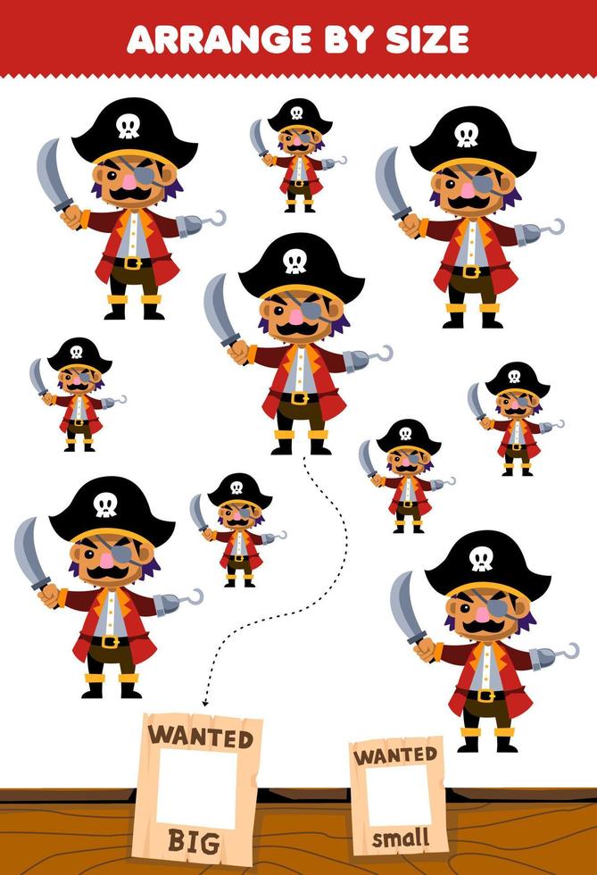 Education game for children arrange by size big or small picture of cute cartoon captain character printable pirate worksheet vector