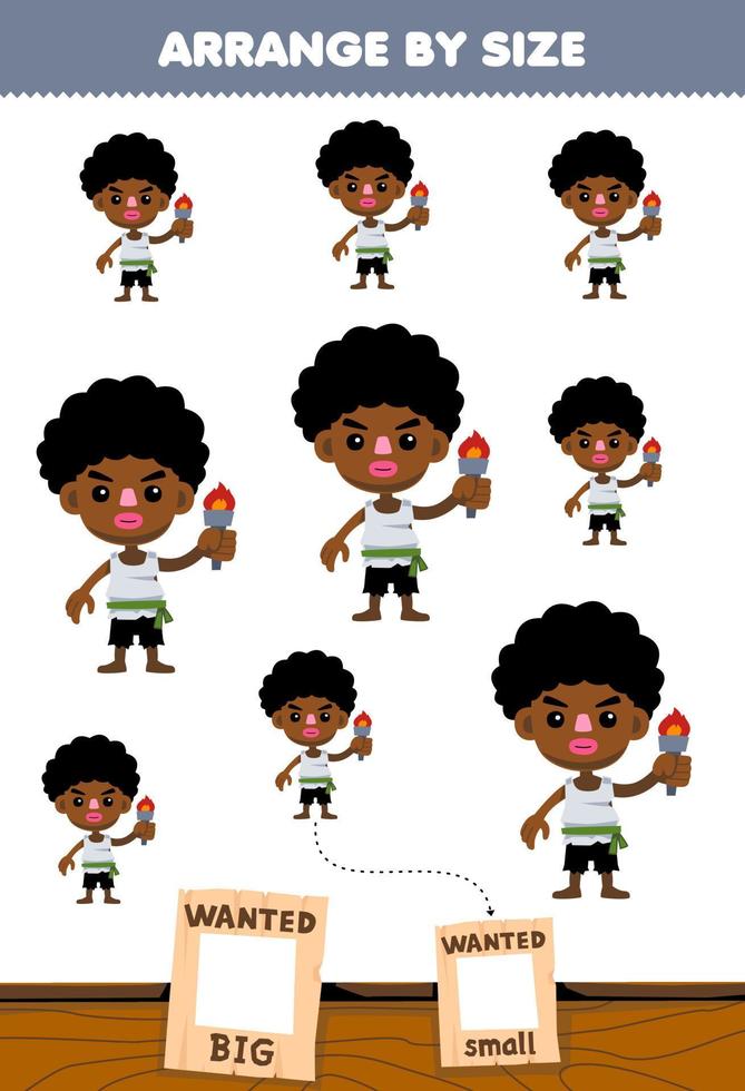 Education game for children arrange by size big or small picture of cute cartoon kid carrying torch character printable pirate worksheet vector