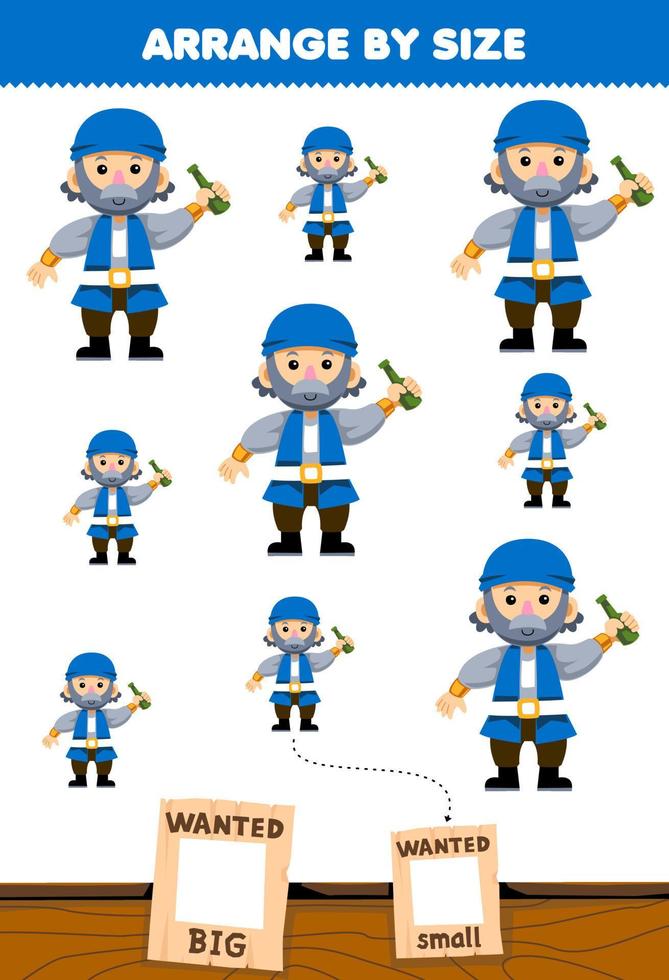 Education game for children arrange by size big or small picture of cute cartoon blue old man character printable pirate worksheet vector