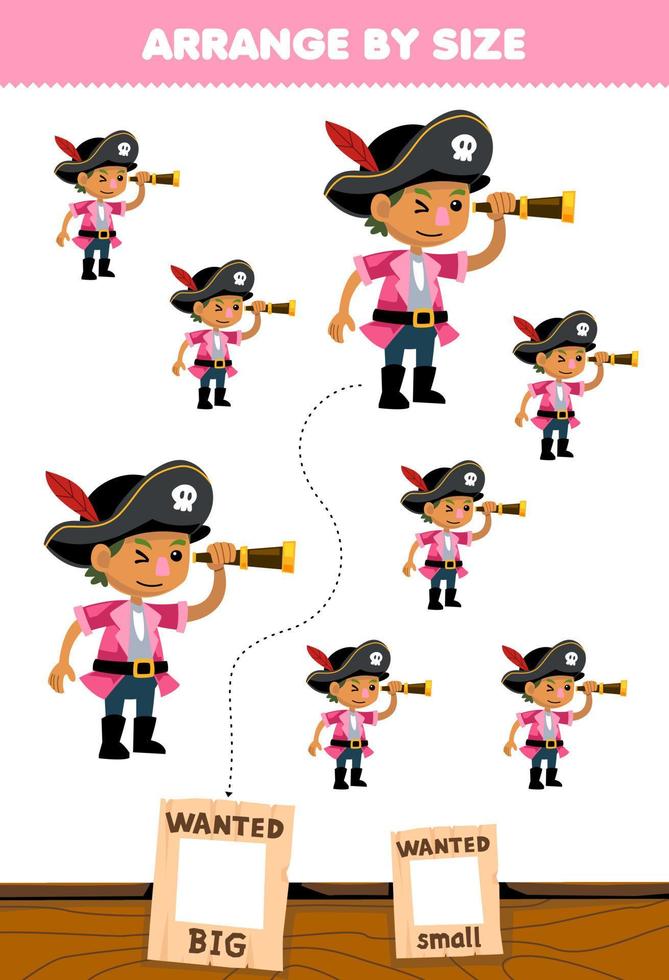 Education game for children arrange by size big or small picture of cute cartoon boy carrying spyglass character printable pirate worksheet vector
