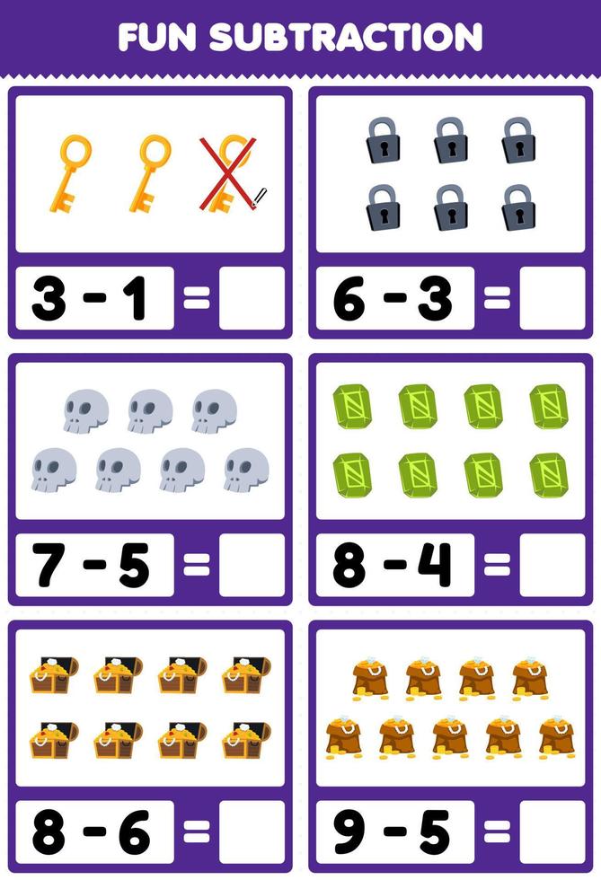 Education game for children fun subtraction by counting and eliminating cute cartoon key padlock skull treasure chest gem printable pirate worksheet vector