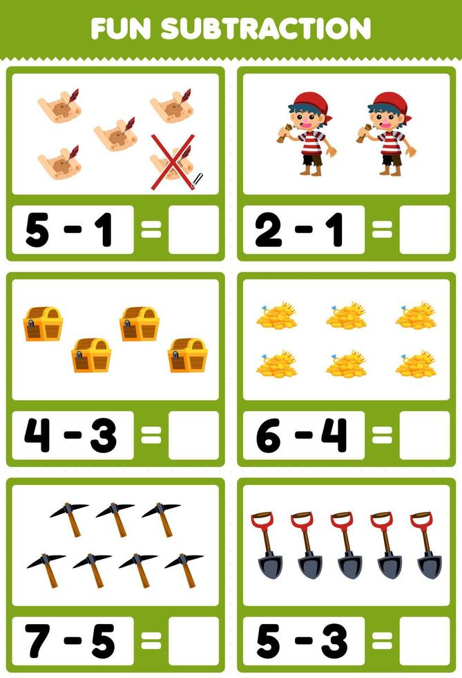 Education game for children fun subtraction by counting and eliminating cute cartoon treasure map boy gold chest pickaxe shovel printable pirate worksheet vector