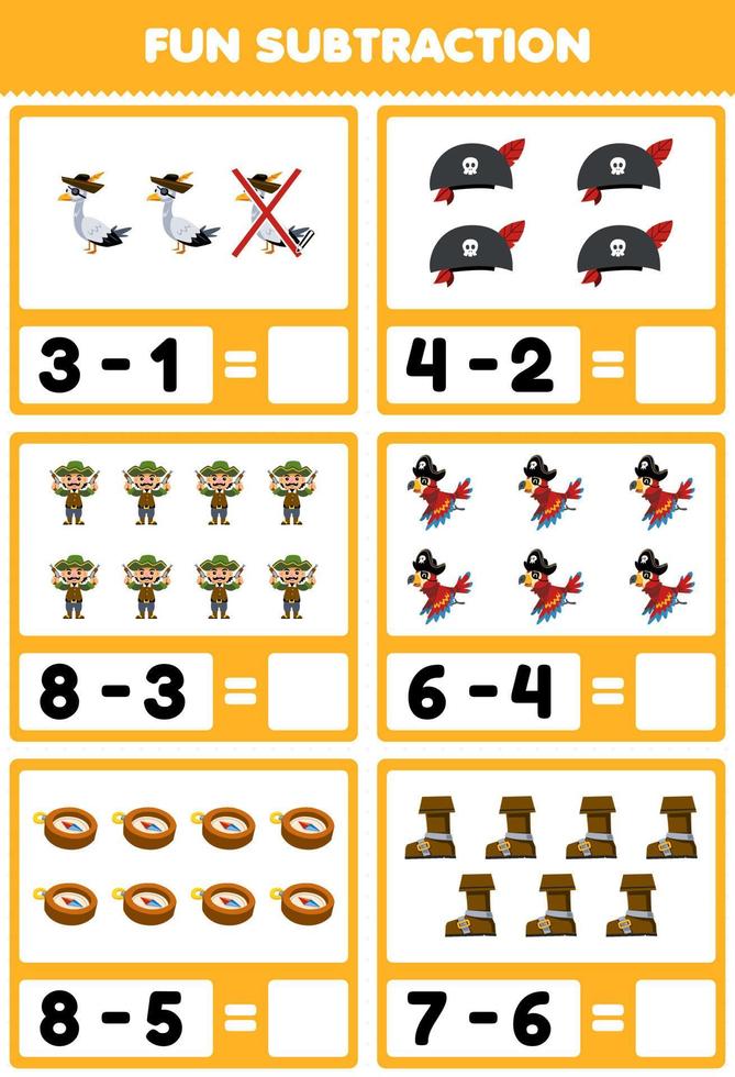Education game for children fun subtraction by counting and eliminating cute cartoon seagull parrot man hat compass boot printable pirate worksheet vector