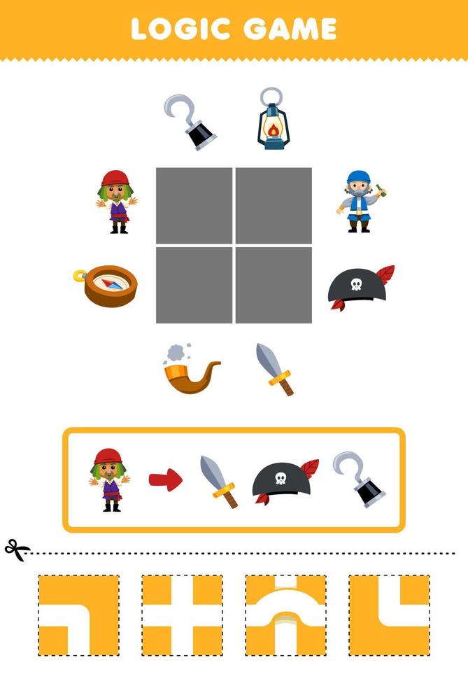 Education game for children logic puzzle build the road for man move to sword hat and hook printable pirate worksheet vector