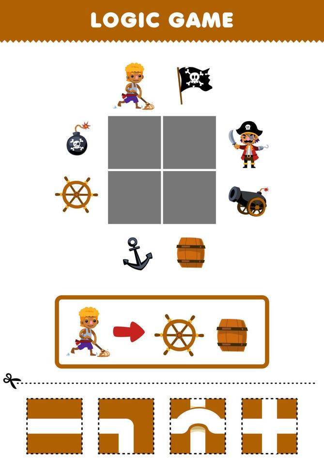 educación juego para niños lógica rompecabezas construir el la carretera para chico moverse a rueda y barril imprimible pirata hoja de cálculo vector