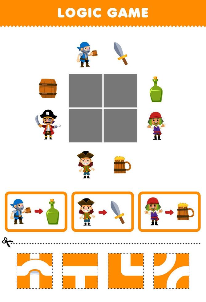 educación juego para niños lógica rompecabezas construir el la carretera para pirata personal moverse a botella espada y jarra imprimible pirata hoja de cálculo vector