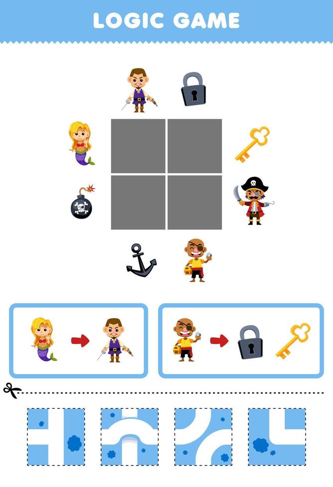 educación juego para niños lógica rompecabezas construir el la carretera para linda personaje moverse a correcto objeto imprimible pirata hoja de cálculo vector