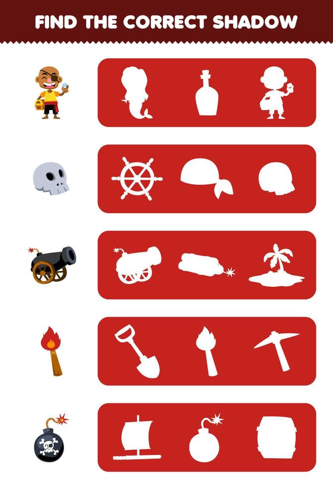 Education game for children find the correct shadow silhouette of cute cartoon bald man skull cannon torch bomb printable pirate worksheet vector
