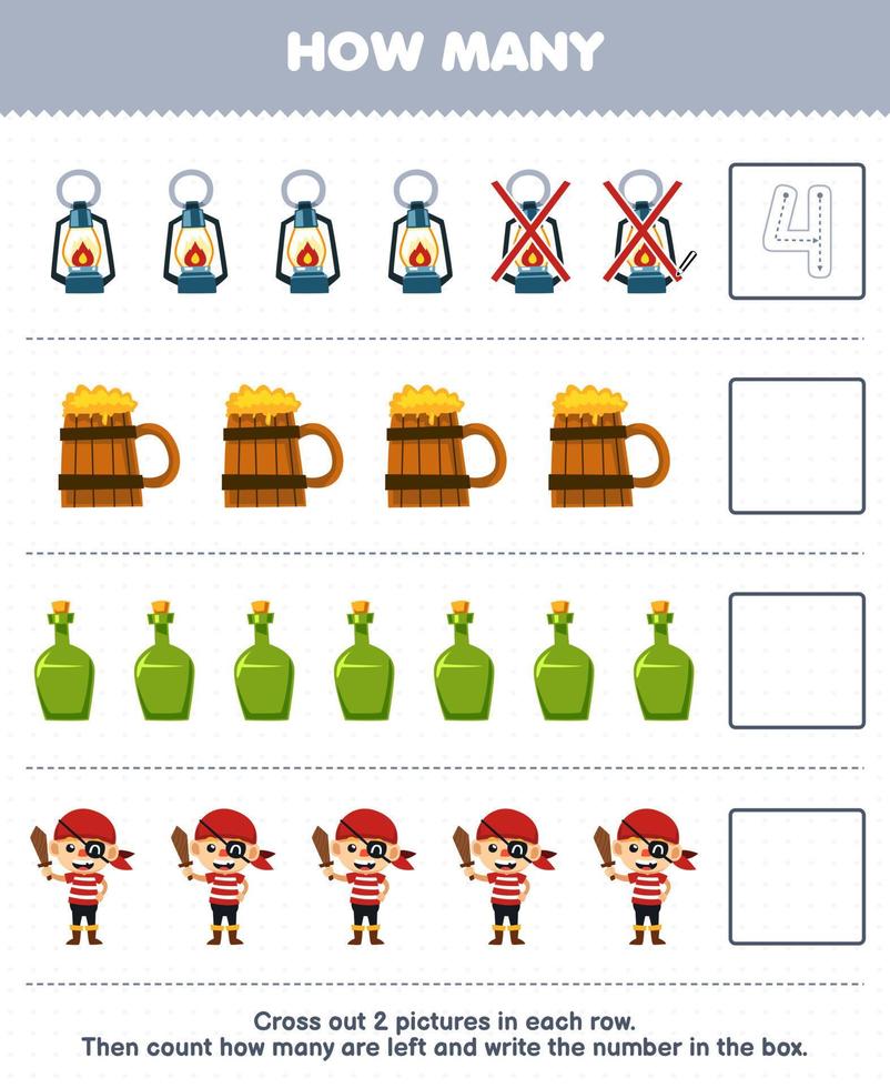 Education game for children count how many cute cartoon lantern mug bottle boy and write the number in the box printable pirate worksheet vector