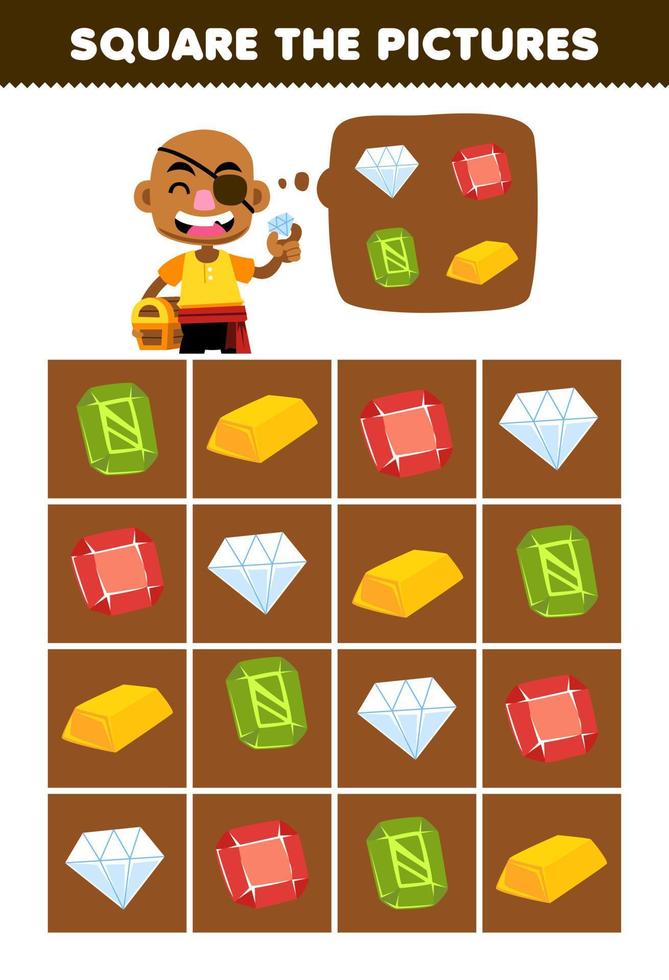 Education game for children help cute cartoon bald man square the correct gem set picture printable pirate worksheet vector