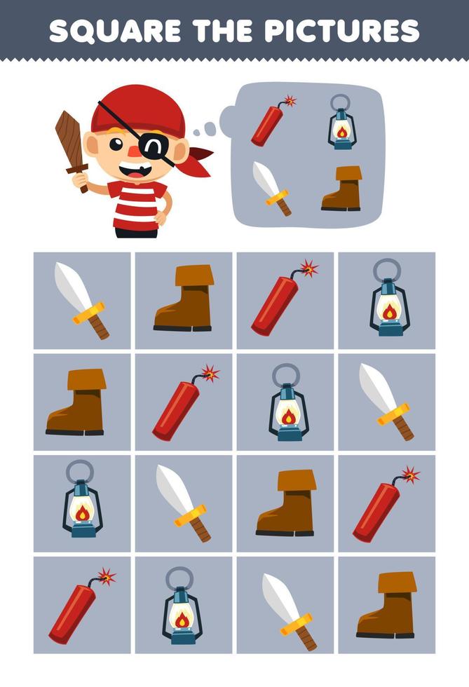 Education game for children help cute cartoon boy square the correct dynamite lantern sword boot set picture printable pirate worksheet vector