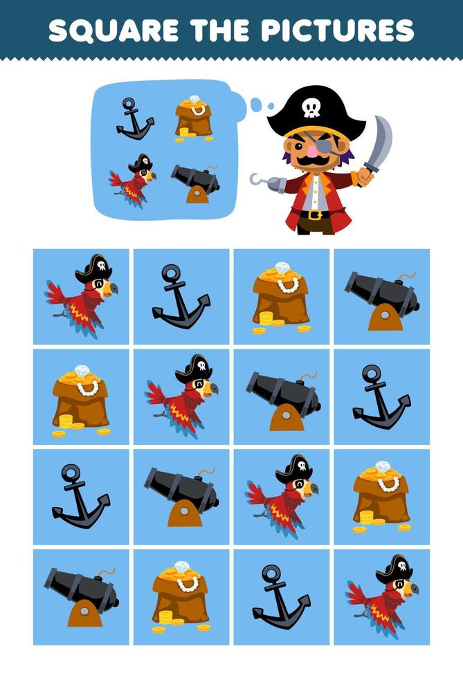 educación juego para niños ayuda linda dibujos animados capitán cuadrado el correcto ancla tesoro loro cañón conjunto imagen imprimible pirata hoja de cálculo vector