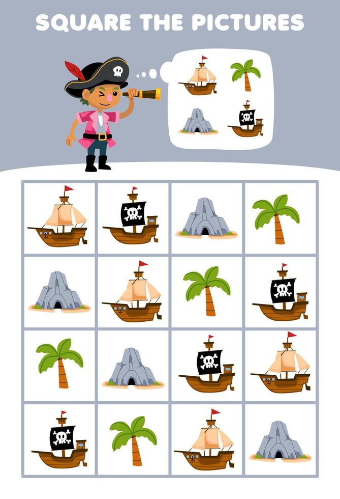 Education game for children help cute cartoon boy square the correct ship tree cave set picture printable pirate worksheet vector