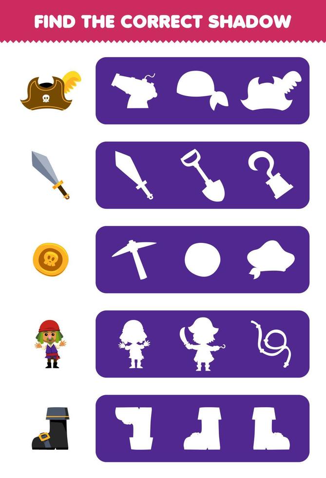 educación juego para niños encontrar el correcto sombra silueta de linda dibujos animados sombrero espada moneda hombre y bota imprimible pirata hoja de cálculo vector