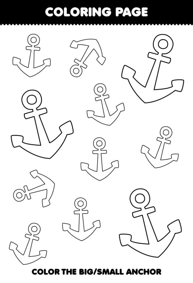 Education game for children coloring page big or small picture of cute cartoon anchor line art printable pirate worksheet vector
