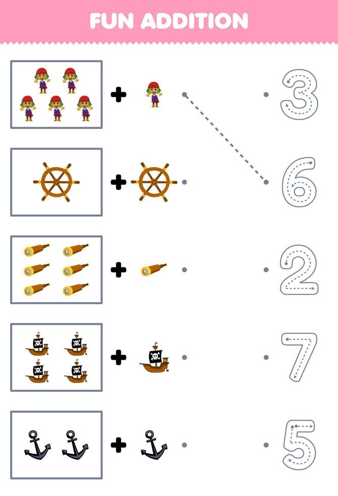 Education game for children fun counting and add one more cartoon man wheel spyglass ship anchor then choose the correct number pirate worksheet vector