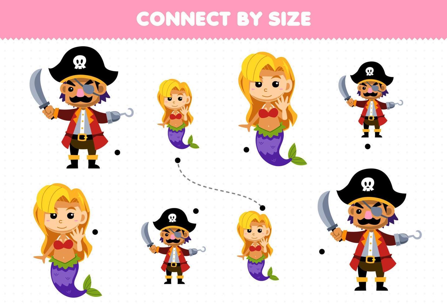 Educational game for kids connect by the size of cute cartoon captain and mermaid printable pirate worksheet vector