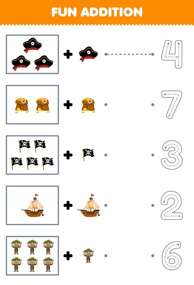 Education game for children fun counting and add one more cartoon hat treasure flag ship man then choose the correct number pirate worksheet vector