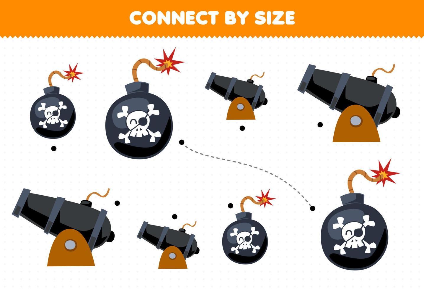 Educational game for kids connect by the size of cute cartoon cannon and bomb printable pirate worksheet vector