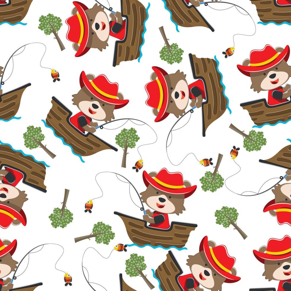 Seamless pattern of funny animal on little boat with cartoon style. Can be used for t-shirt printing, children wear fashion designs, baby shower invitation cards and other decoration. vector