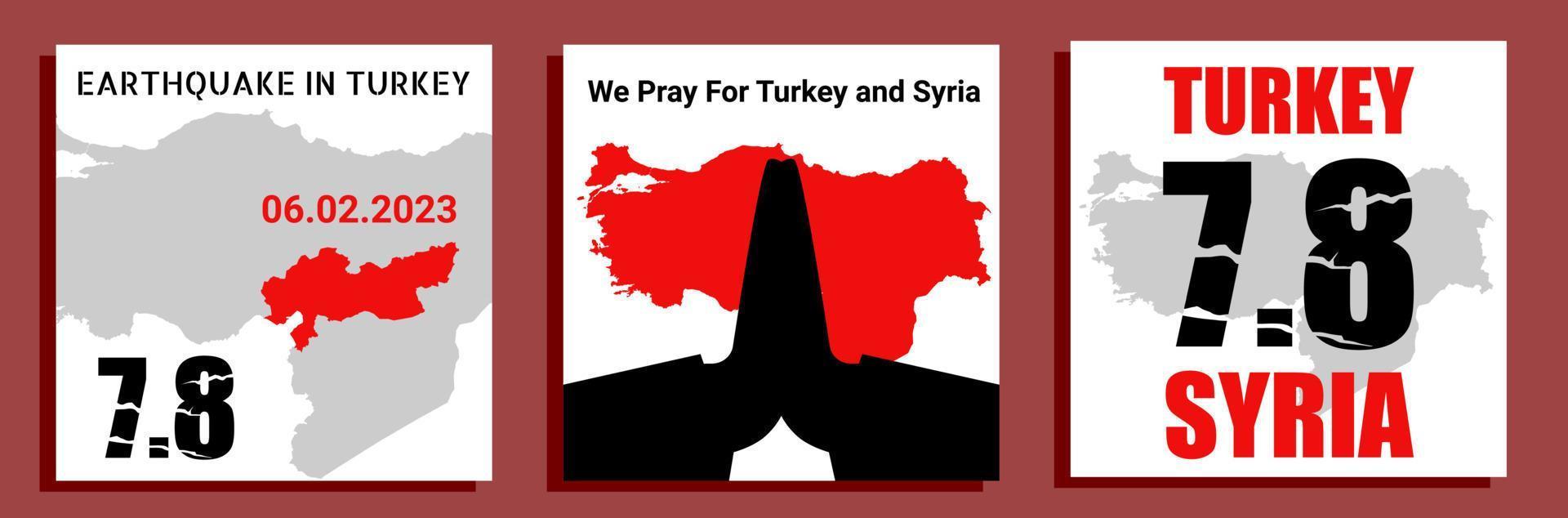 Thee posters with Turkey and Syria Earthquake theme, vector square posters with Turkey and Syria maps.