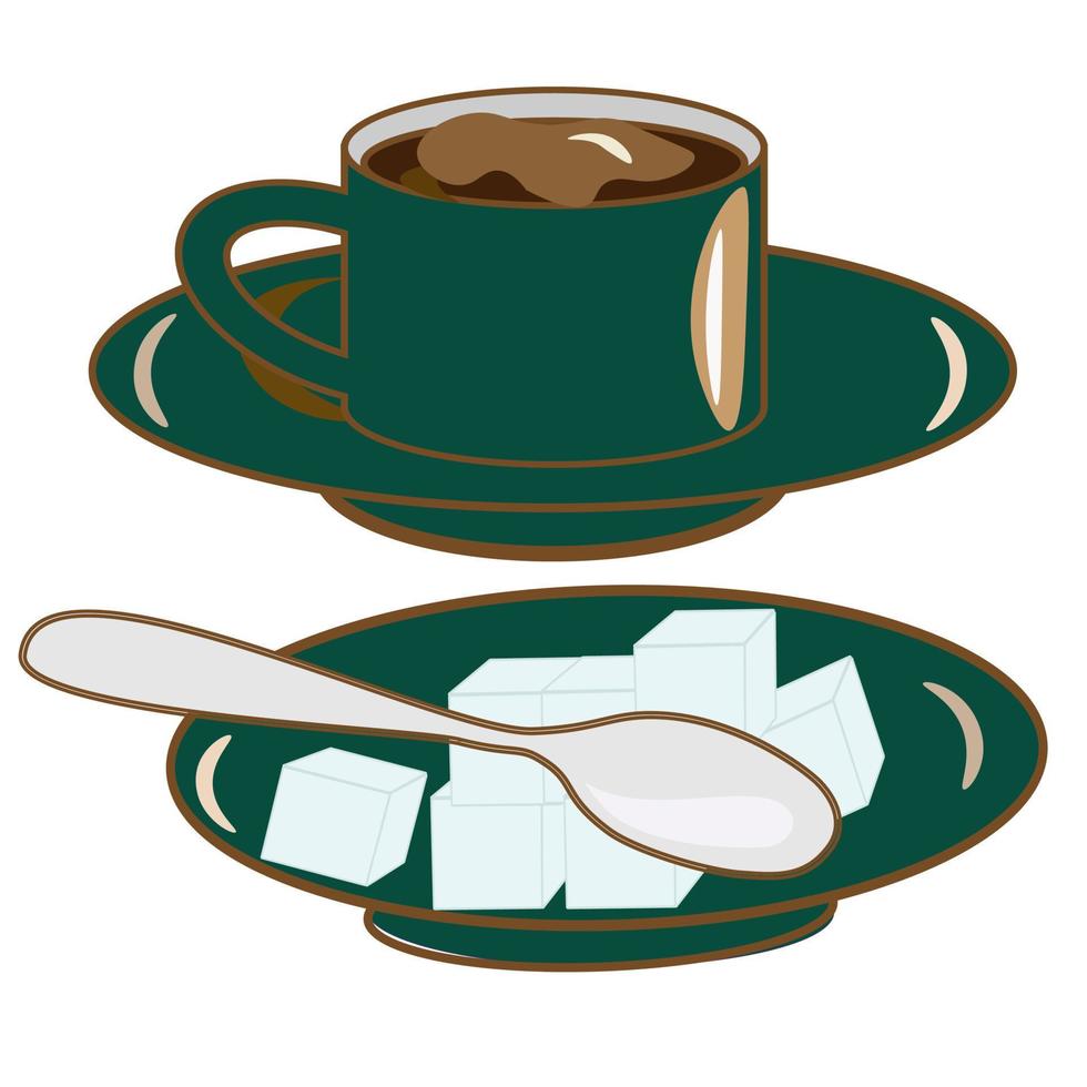 café colocar. un taza y un café maceta con azúcar y un cuchara en un platillo. café tienda ilustración bandera póster negocio tarjeta. vector