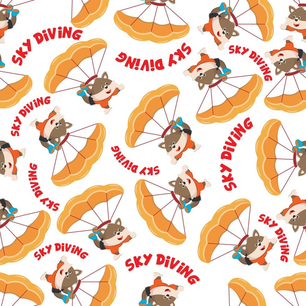 Seamless vector pattern with cute little animal skydiver, Design concept for kids textile print, nursery wallpaper, wrapping paper. Cute funny background.