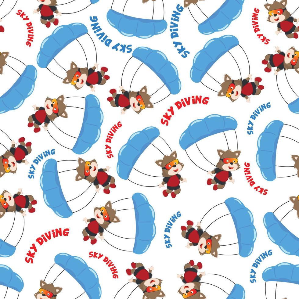 Seamless vector pattern with cute little animal skydiver, Design concept for kids textile print, nursery wallpaper, wrapping paper. Cute funny background.