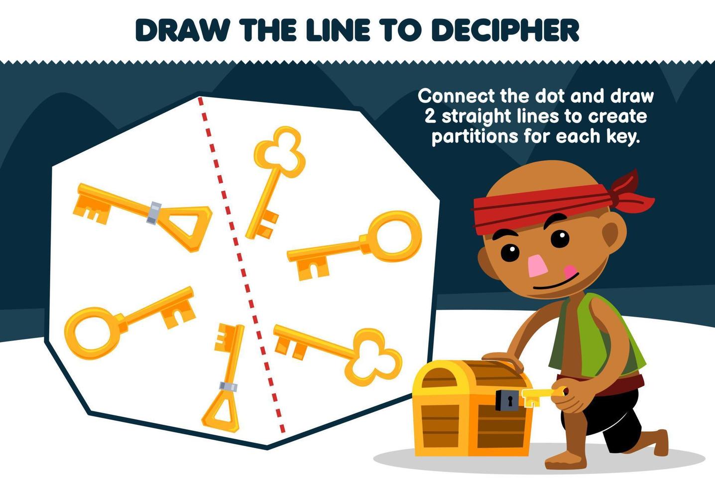 Education game for children help bald man draw the lines to separate the key printable pirate worksheet vector