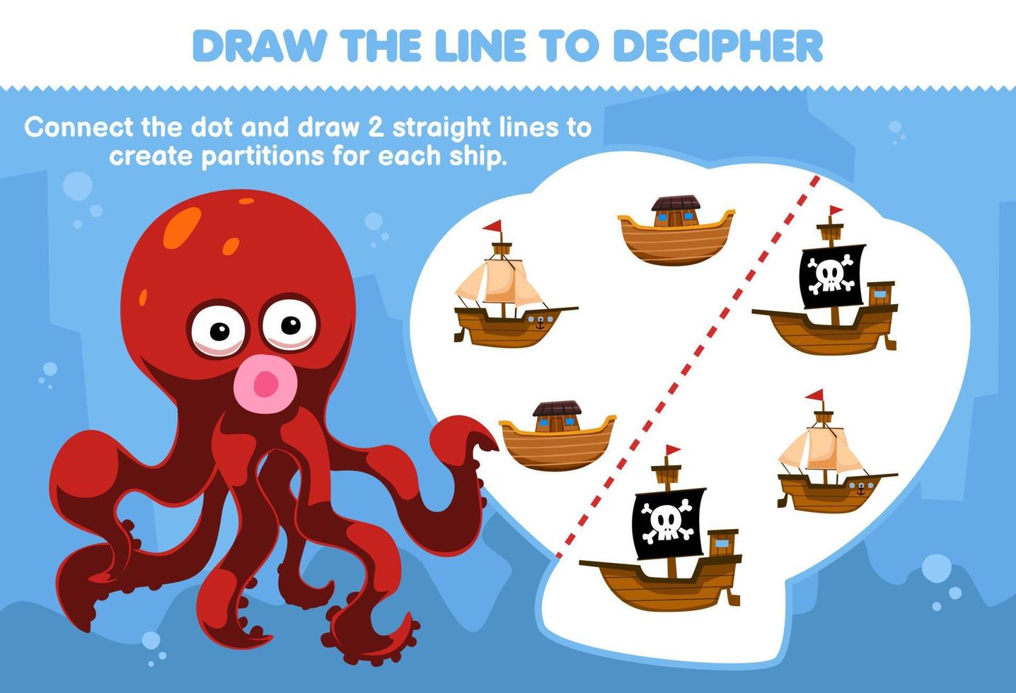 Education game for children help octopus draw the lines to separate the ship printable pirate worksheet vector