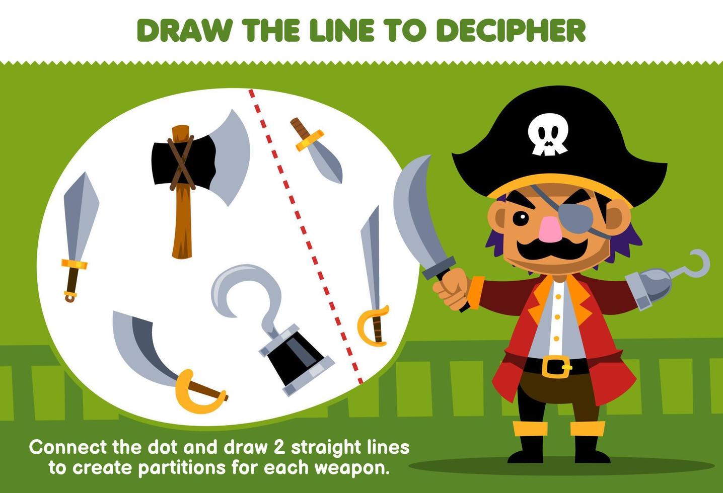 educación juego para niños ayuda pirata capitán dibujar el líneas a separar el arma imprimible pirata hoja de cálculo vector