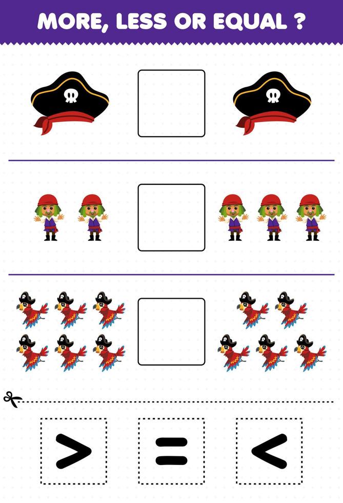 Education game for children count more less or equal of cartoon hat man parrot then cut and glue the correct sign pirate worksheet vector