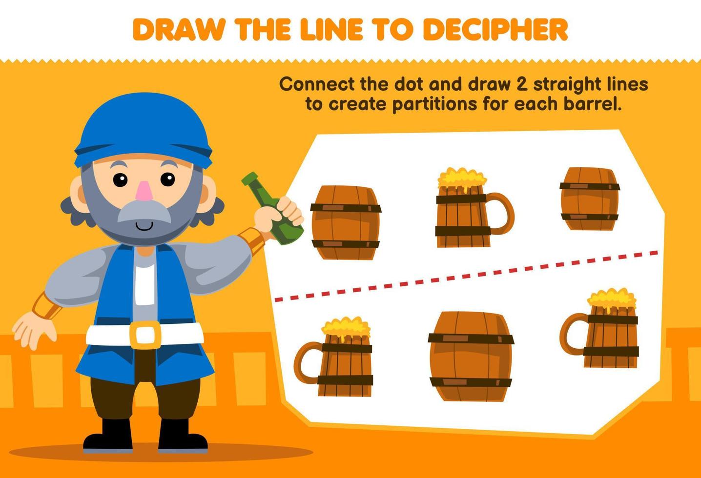 Education game for children help old man draw the lines to separate the wooden barrel and mug printable pirate worksheet vector