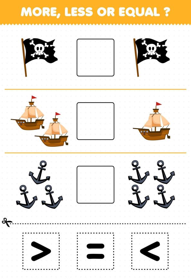 Education game for children count more less or equal of cartoon flag ship anchor then cut and glue the correct sign pirate worksheet vector