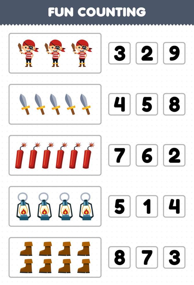 Education game for children fun counting and choosing the correct number of cute cartoon boy sword dynamite lantern boot printable pirate worksheet vector