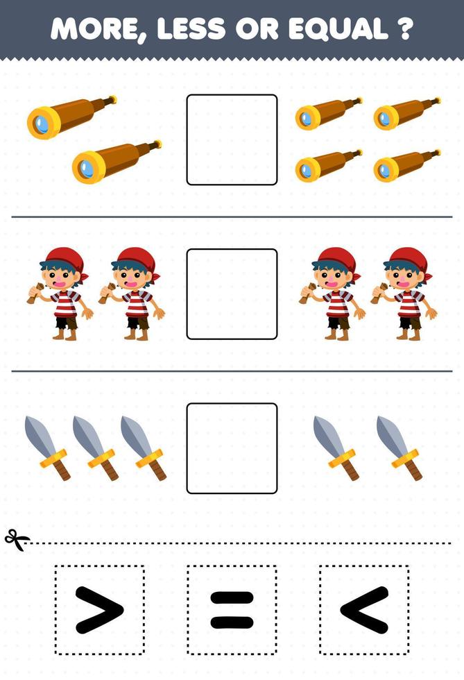 Education game for children count more less or equal of cartoon spyglass boy sword then cut and glue the correct sign pirate worksheet vector