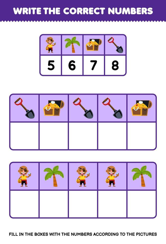 Education game for children write the right numbers in the box according to the cute bald man tree treasure chest shovel on the table printable pirate worksheet vector