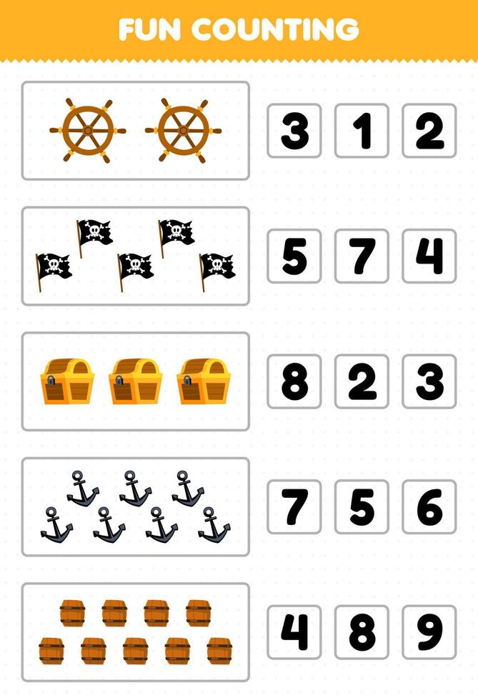 Education game for children fun counting and choosing the correct number of cute cartoon wheel flag chest anchor barrel printable pirate worksheet vector