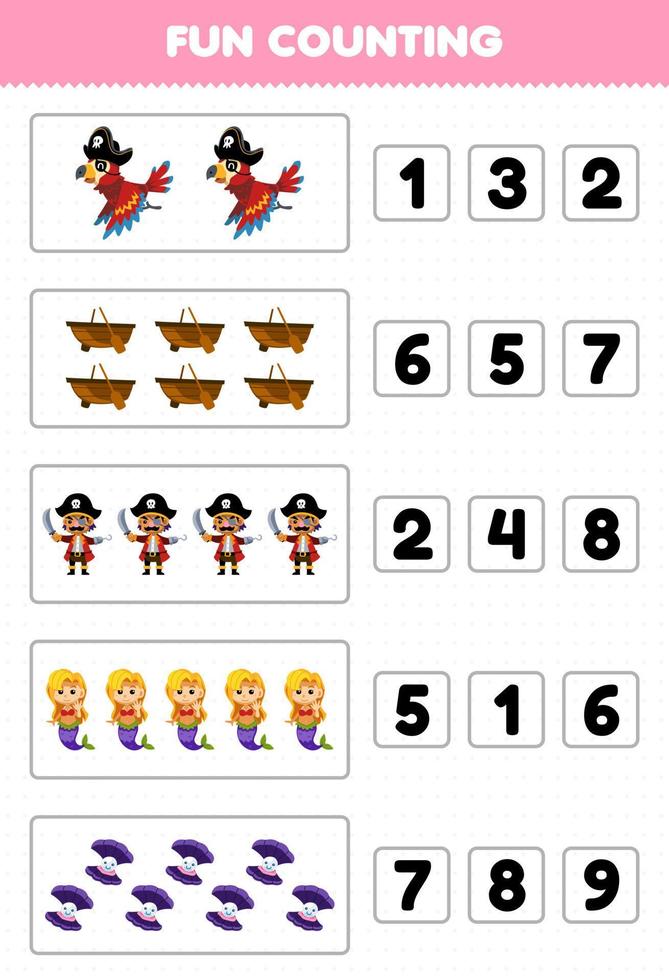 Education game for children fun counting and choosing the correct number of cute cartoon parrot boat captain mermaid shell printable pirate worksheet vector