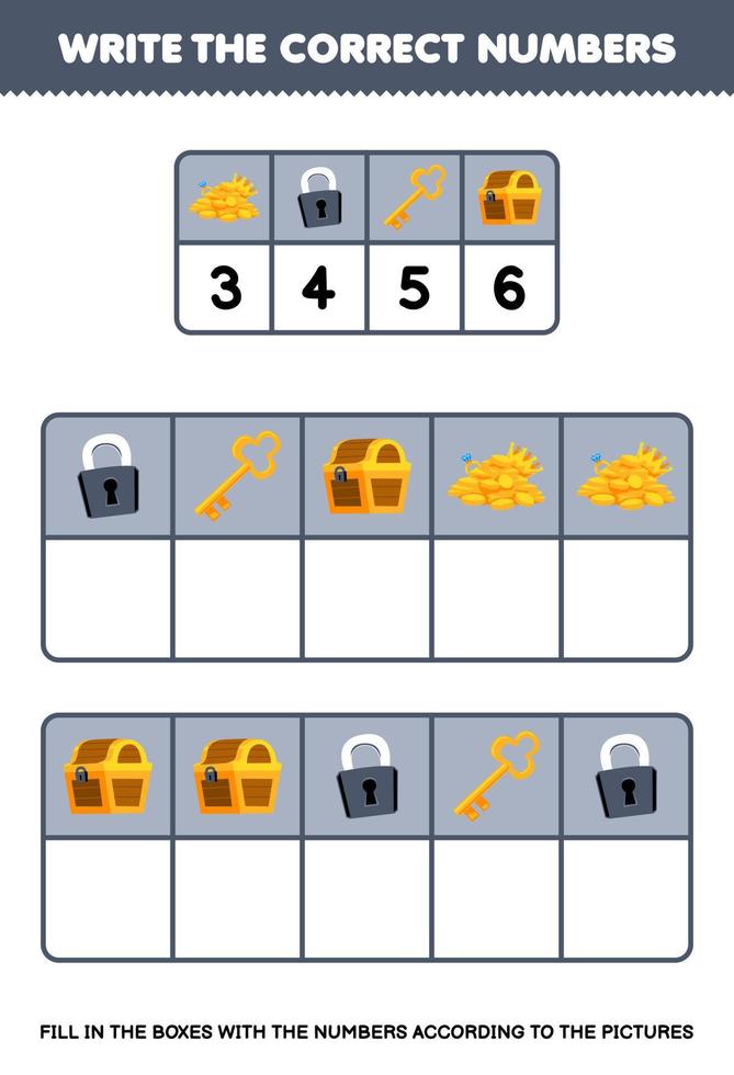 educación juego para niños escribir el Derecha números en el caja según a el linda tesoro cofre candado llave en el mesa imprimible pirata hoja de cálculo vector