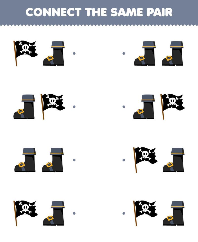 Education game for children connect the same picture of cute cartoon flag and boot pair printable pirate worksheet vector