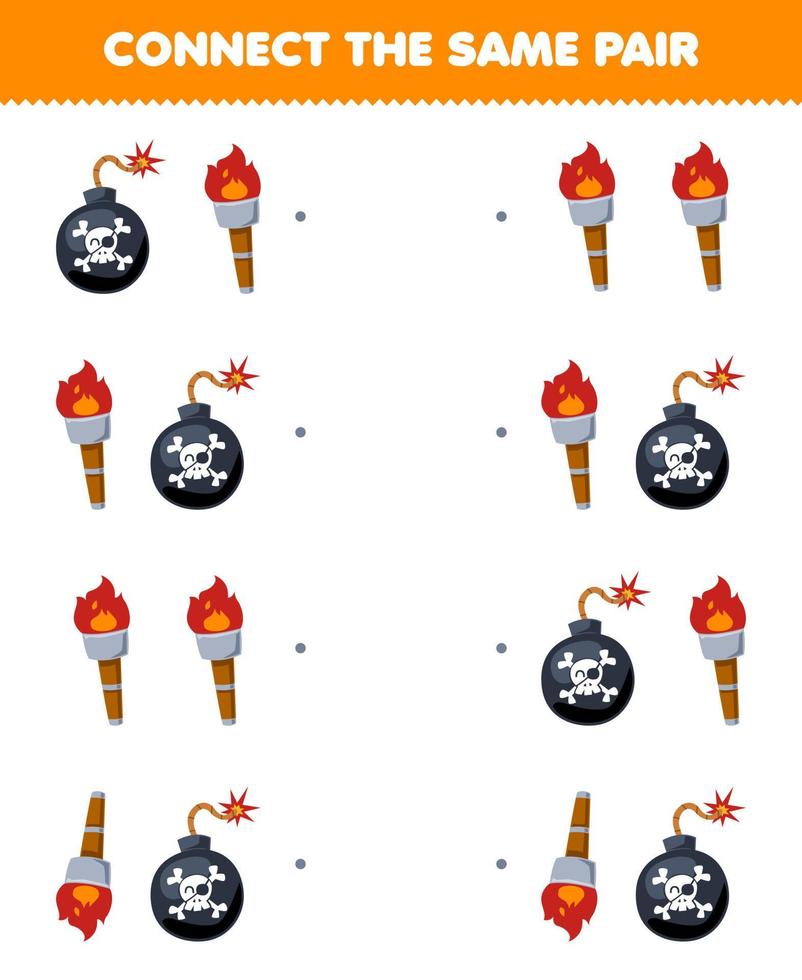 Education game for children connect the same picture of cute cartoon bomb and torch pair printable pirate worksheet vector