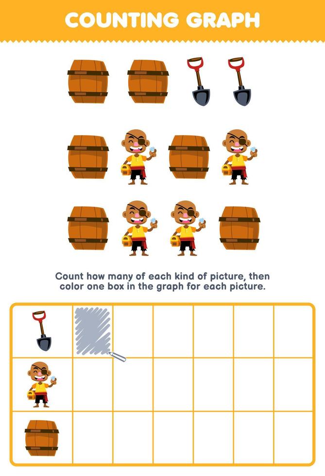 Education game for children count how many cute cartoon shovel bald man and barrel then color the box in the graph printable pirate worksheet vector