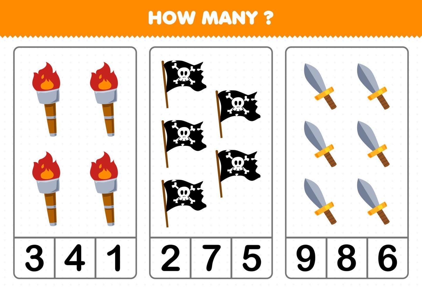 Education game for children counting how many cute cartoon torch flag and sword printable pirate worksheet vector