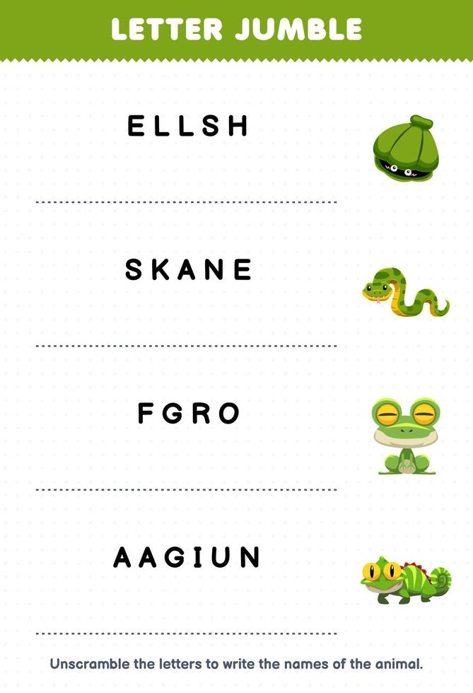 Education game for children letter jumble write the correct name for cute cartoon shell snake frog iguana printable animal worksheet vector