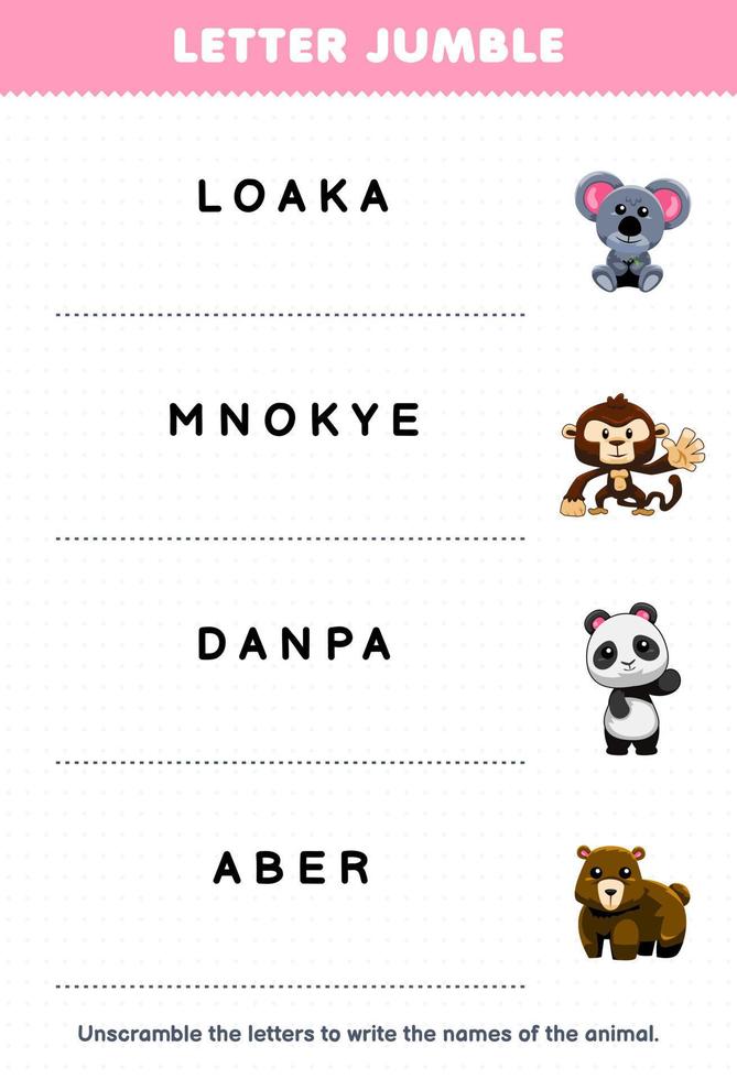 Education game for children letter jumble write the correct name for cute cartoon koala monkey panda bear printable animal worksheet vector