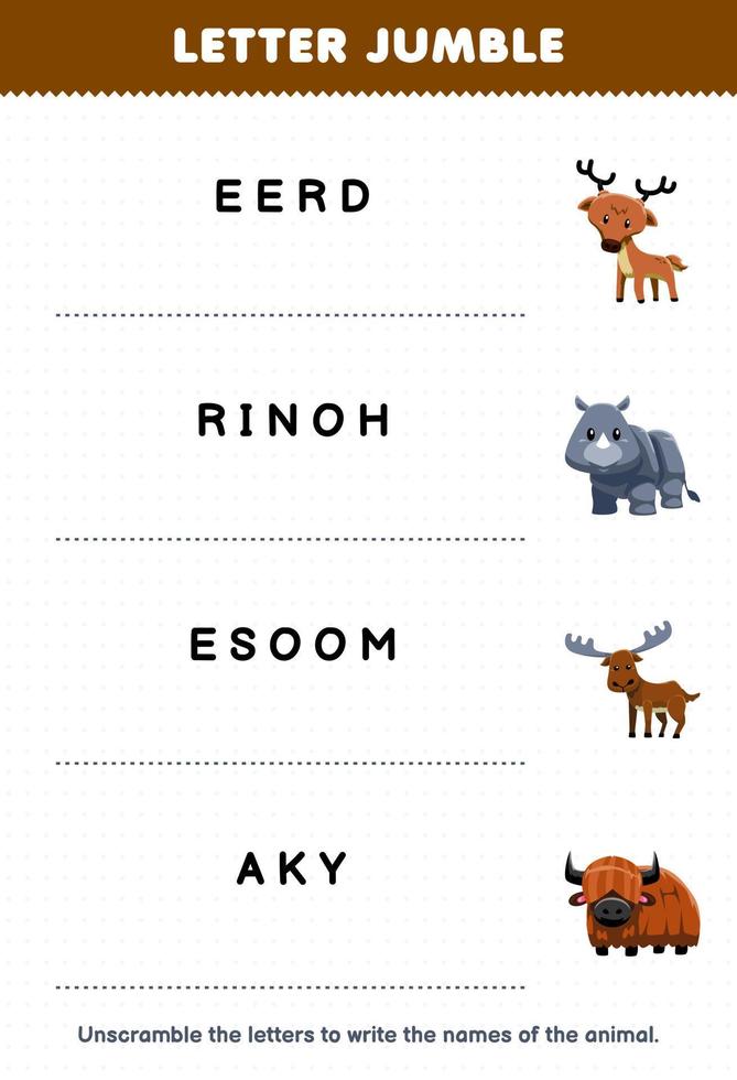 Education game for children letter jumble write the correct name for cute cartoon deer rhino moose yak printable animal worksheet vector