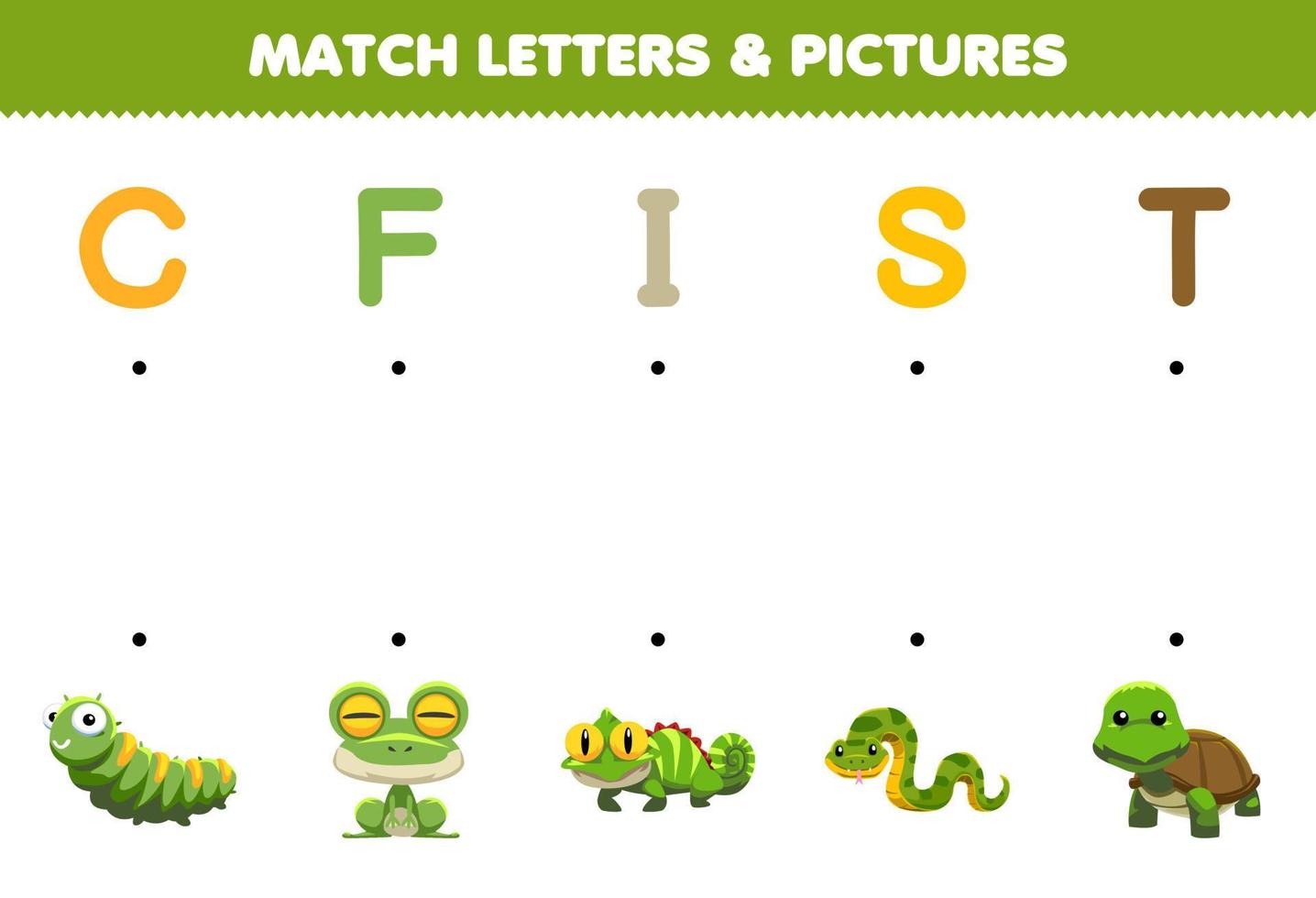 educación juego para niños partido letras y imágenes de linda dibujos animados oruga rana iguana serpiente Tortuga imprimible animal hoja de cálculo vector