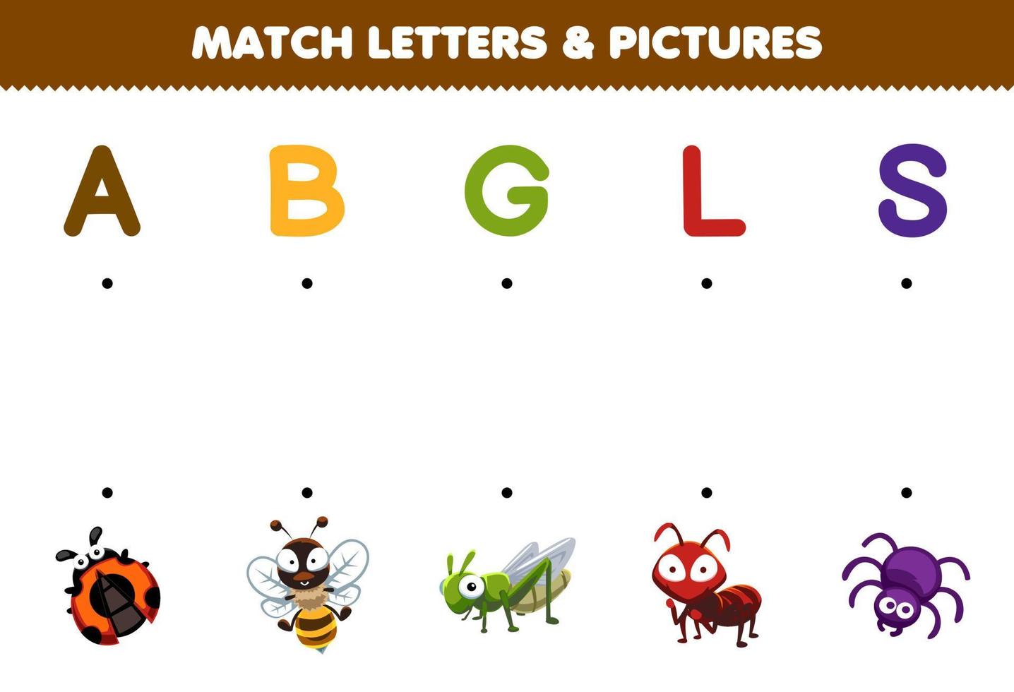 educación juego para niños partido letras y imágenes de linda dibujos animados mariquita abeja saltamontes hormiga araña imprimible animal hoja de cálculo vector